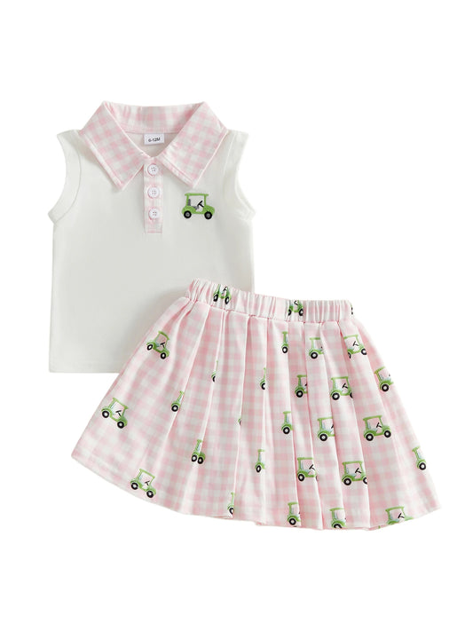 Adorable Baby Girl Golf Cart Print Tank Top Skirt Set