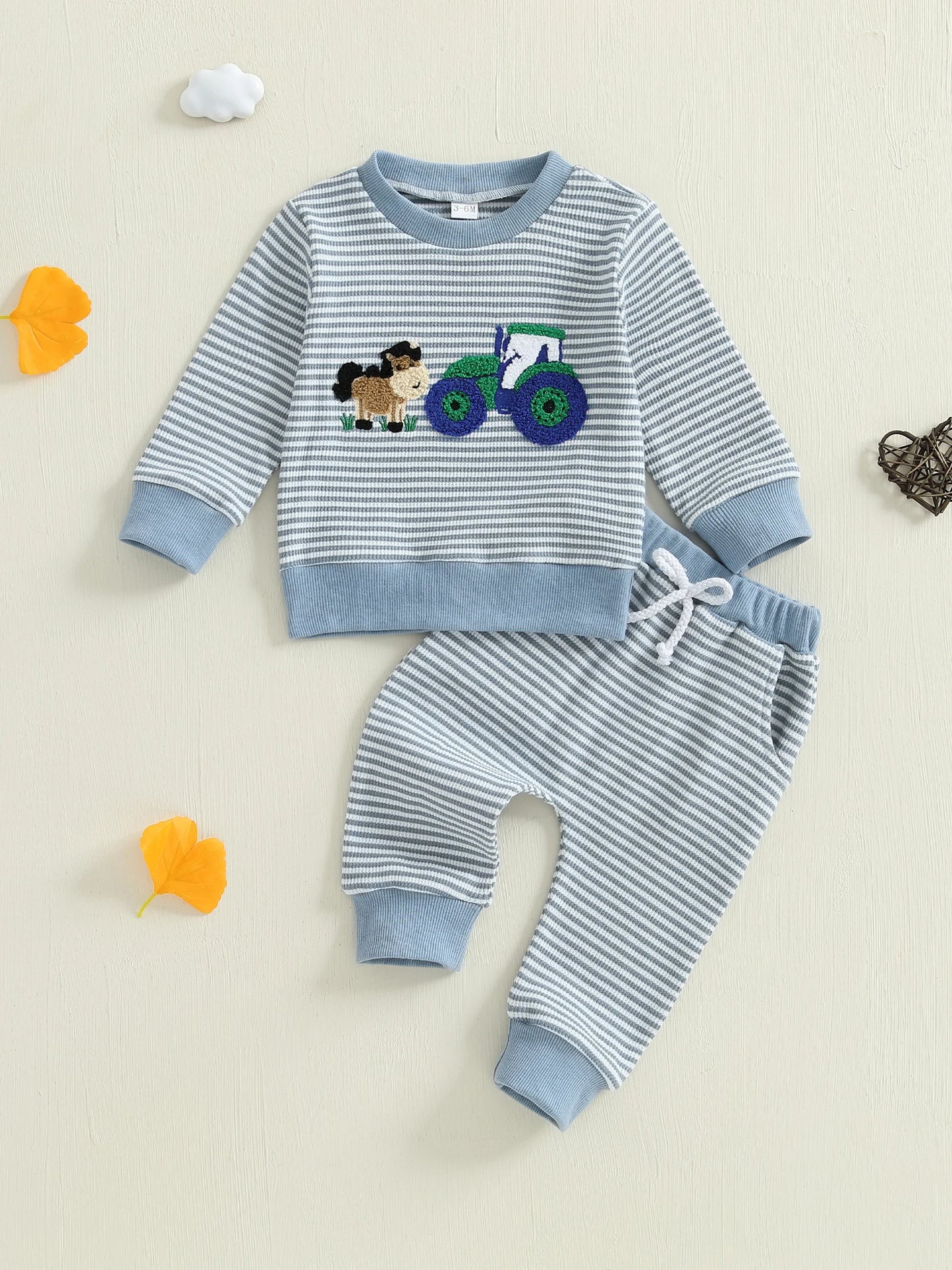 Toddler Boy Autumn Outfit Set Striped Pullover With Animal Embroidery