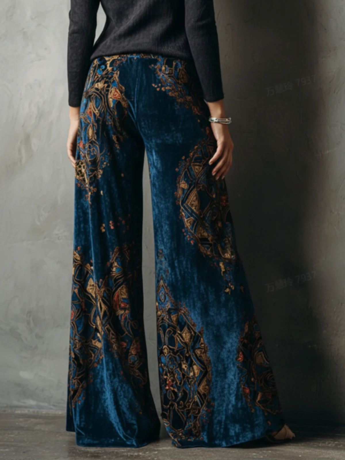 Vintage Geometric Print High Waist Wide Leg Pants For Women Retro Loose Flowy Floor Length Casual Trousers