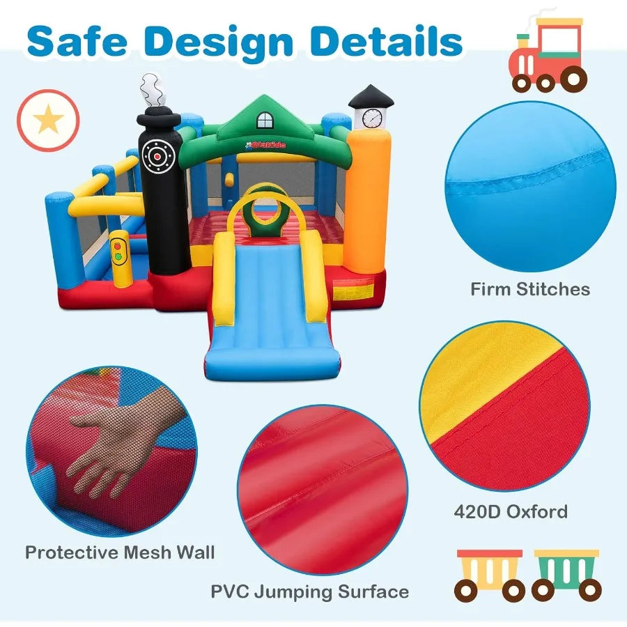 LISM Inflatable Train Theme Bounce House With Slide Ball Pit Basketball Rim