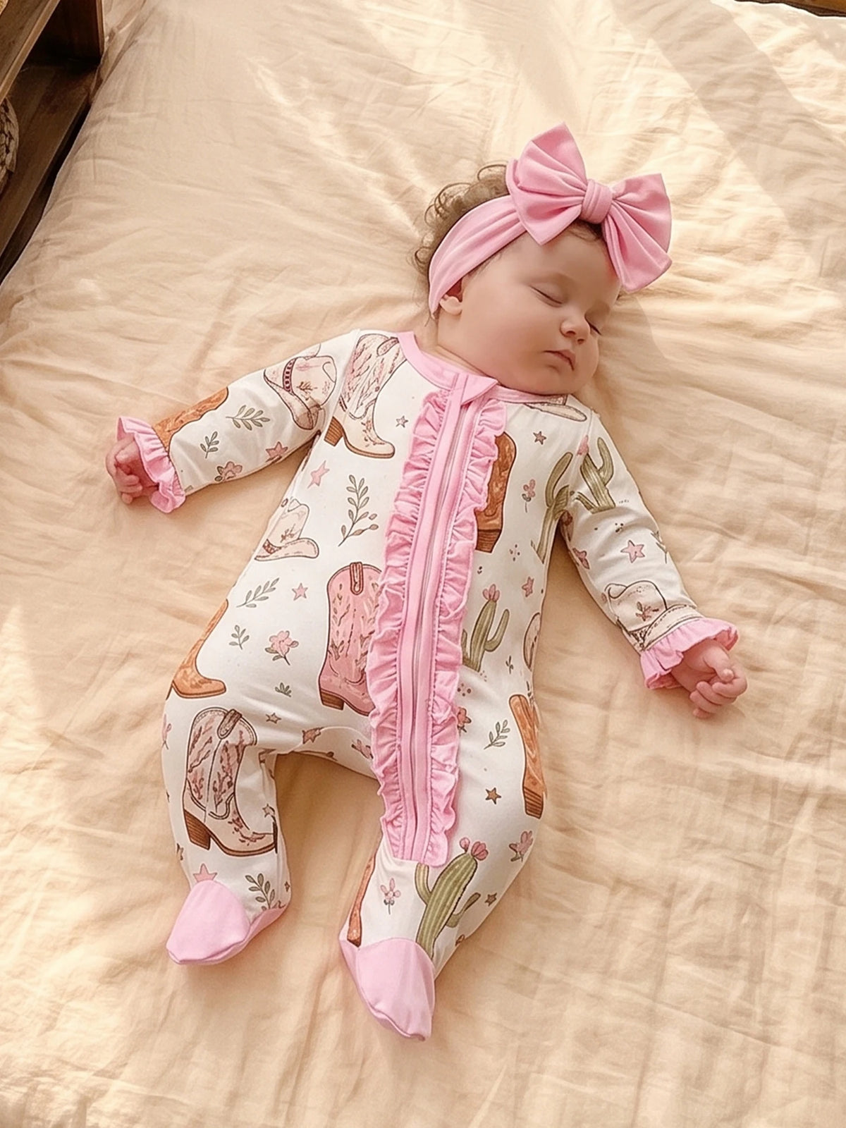 Baby Cactus Bodysuit With Headband Zip Up Romper Girls
