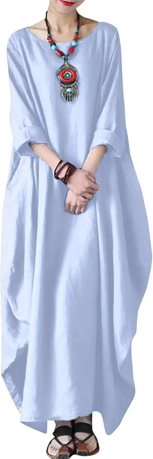 Autumn Solid Cotton Caftan Dress Loose Fit Women Casual