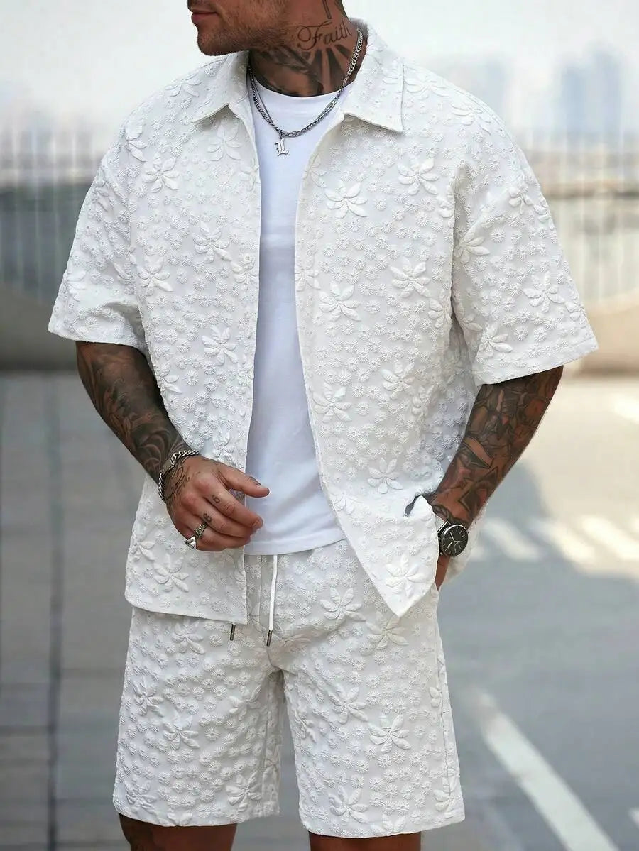Manfinity CasualCool Men's Yellow Summer Casual Vacation Holiday Outfit,Textured Geometric Pattern Short Sleeve Button Up Shirt