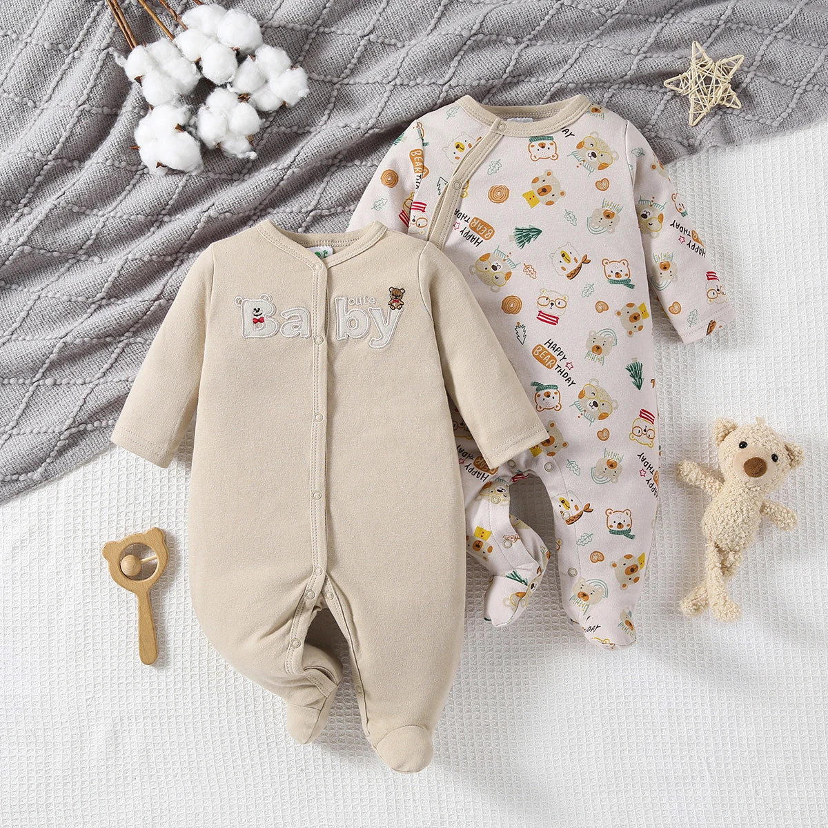 2pcs Zip Footed Rompers for Baby Boys, Dark Bear Pattern Long Sleeve Onesies, Daily Wear Newborn Must-Haves, for Outdoor