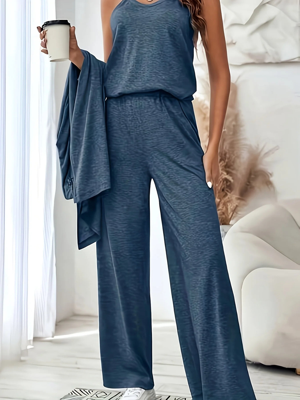 Plus size women's lazy loungewear knit 3-piece set; mixed color textured tank top, long cardigan, high-waisted pocket wide-leg pants loose set