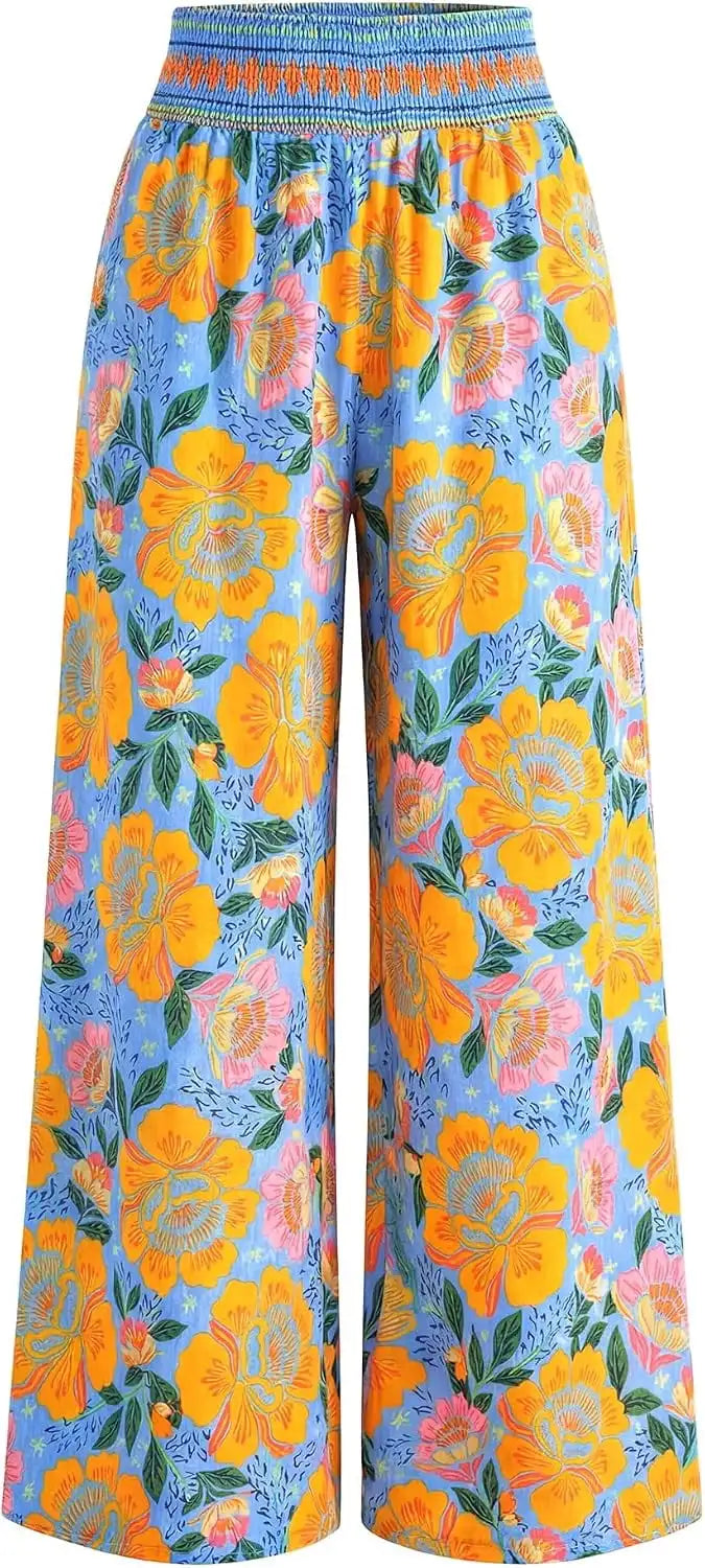 Wide leg pants 2026 summer smoked waist flower pants, pretending to be spring beach vacation women's clothing