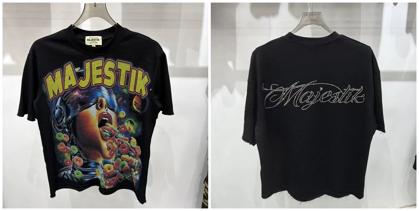 Cotton T Shirt With Letter Rhinestone Print Breathable Hip Hop