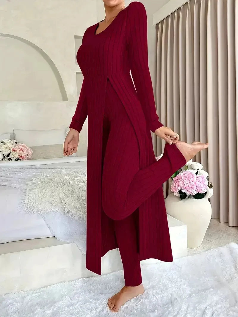 2026 New Fall/Winter Design Round-neck Slit Long-Sleeved Thick Striped Long-Sleeved Two-Piece Set (Extra Large Long-Sleeved Casual Wear)