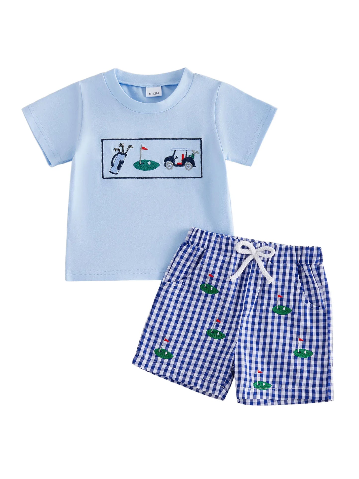 Girls Embroidered Animal Short Sleeve T-Shirts And Plaid Shorts 2Pcs