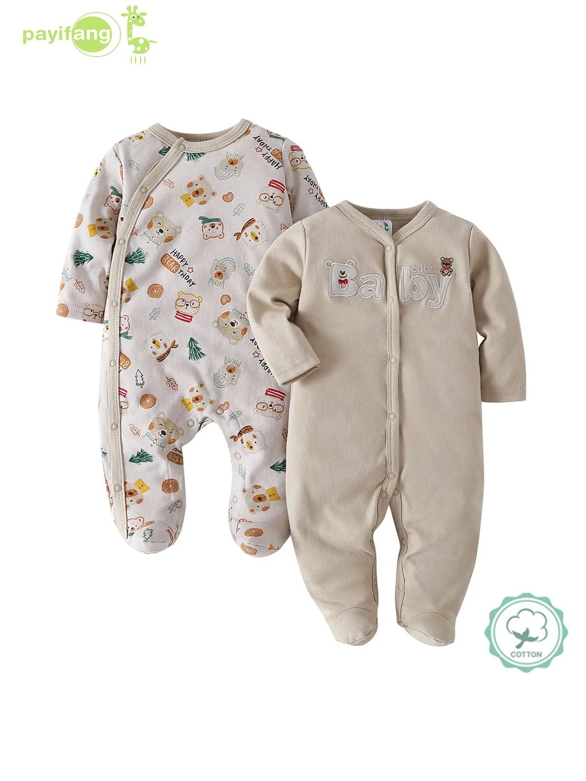 2pcs Zip Footed Rompers for Baby Boys, Dark Bear Pattern Long Sleeve Onesies, Daily Wear Newborn Must-Haves, for Outdoor