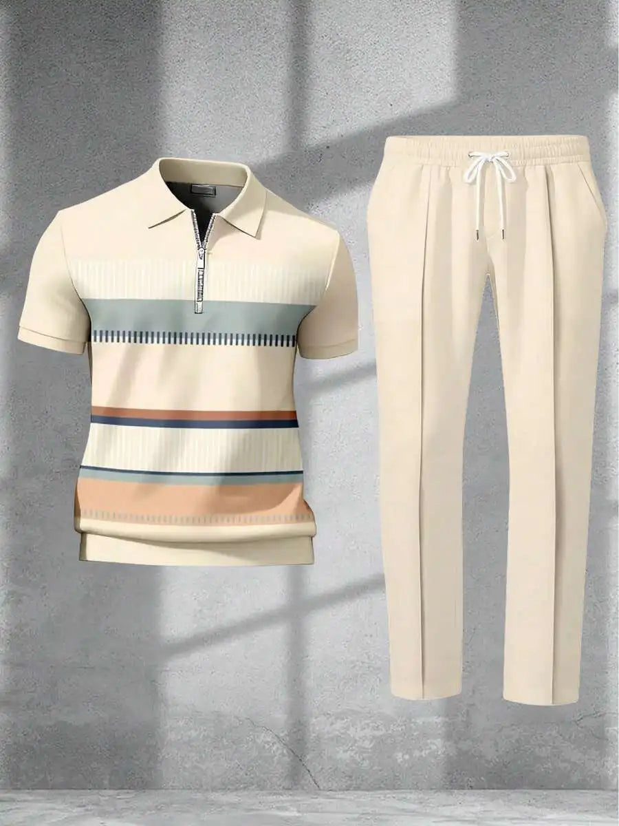Men's Casual Striped Quarter-Zip Polo Shirt And Drawstring Pants Set, 3D Digital Print 100% Polyester, Color-Block Printed