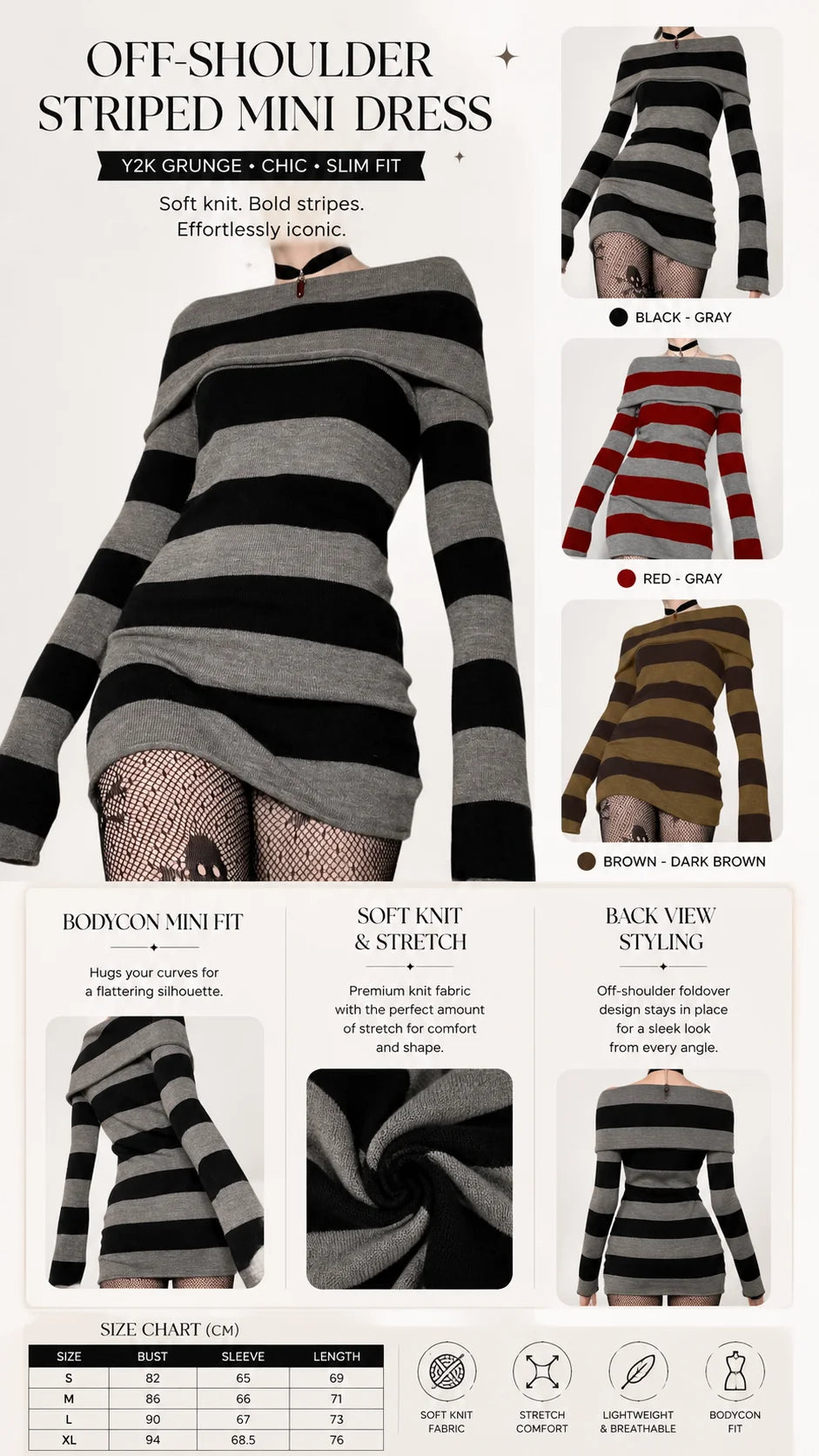 Women Gothic Y2K Off Shoulder Striped Knit Mini Dress, Long Sleeve Bodycon Sweater Dress, Punk Grunge Aesthetic Party Club Outfits