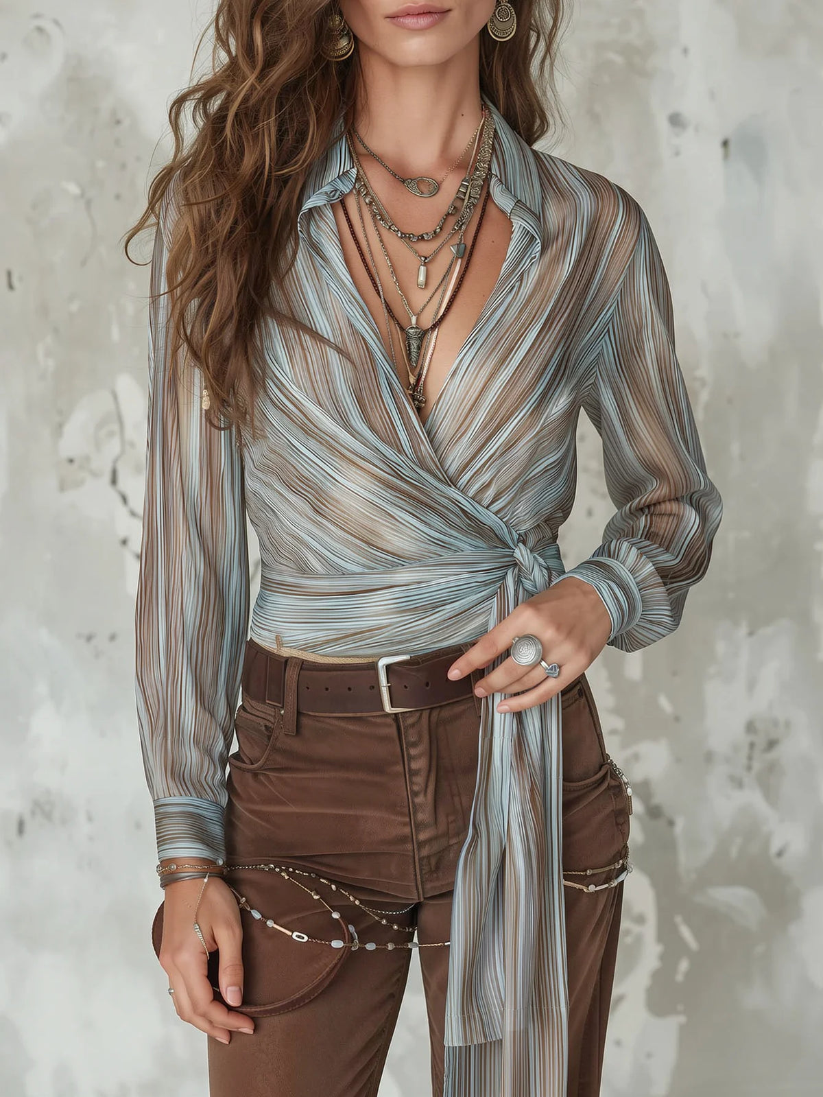 Women's Lapel Collar Long Sleeve Wrap Blouse Striped Print Self Tie Waist Detail V Neck Slim Fit Casual Ladies Shirt