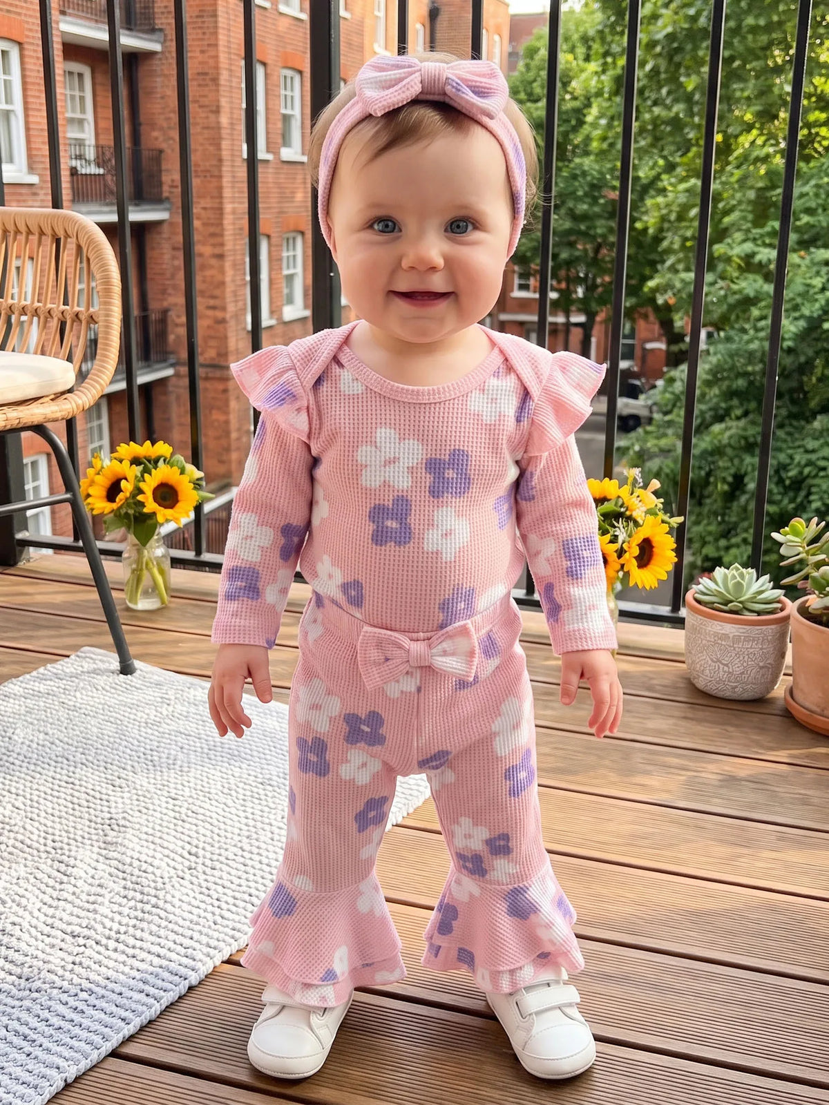 Sleeve Romper Sleeve-Romper-Flare Fall Flare-Pants-Headband Print Long Sleeve Outfits Flower Print Girl Fall Flower