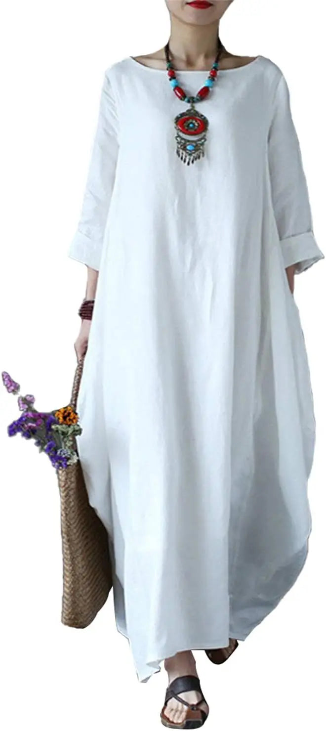 Autumn Solid Cotton Caftan Dress Loose Fit Women Casual