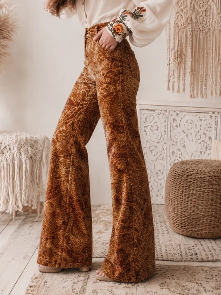 Women's Velvet Printed Fashionable Trousers - Retro Full Western Paisley Pattern Khaki High-Waisted, Bohemian Style, with Pockets, Suitable for Daily Casual Wear in Autumn and Winter