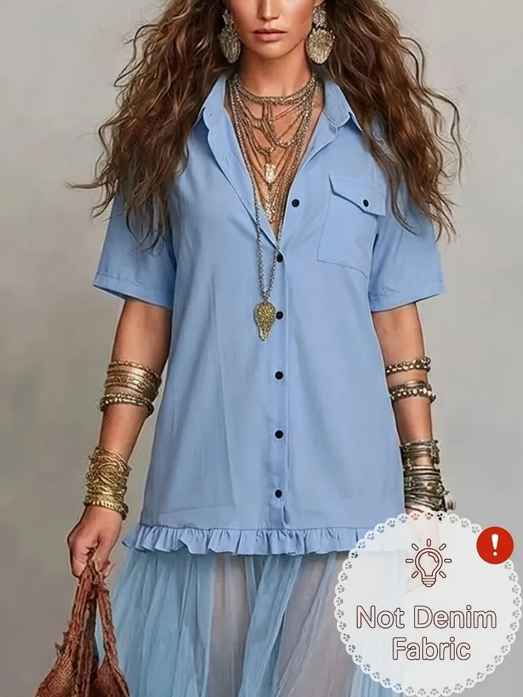 Women Blue Lapel Collar Shirt Dress 2026 New Short Sleeves Button Front Patchwork Ruffle‑Hem Sheer Tulle Tiered Elegant Party Evening Maxi Dresses