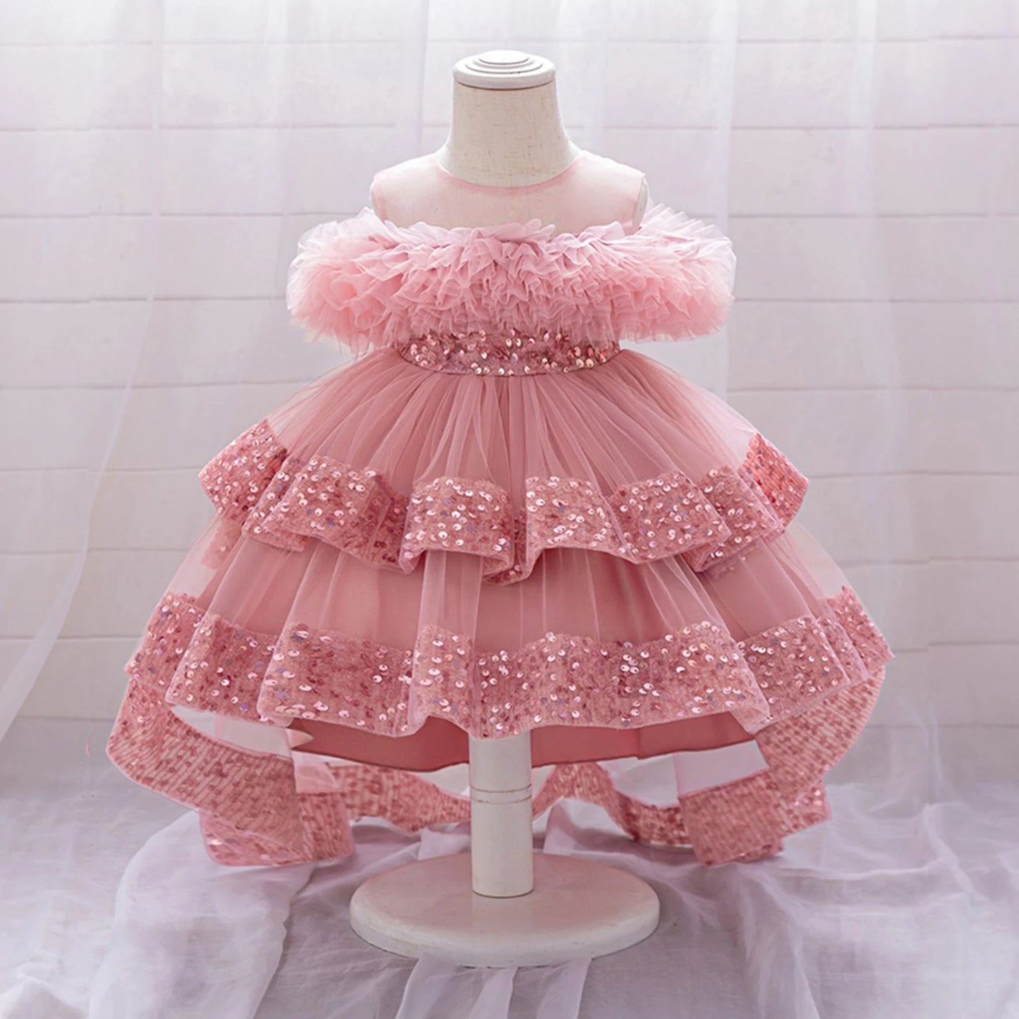 Girls Sequin Princess Dress with Tulle Skirt and High Hem