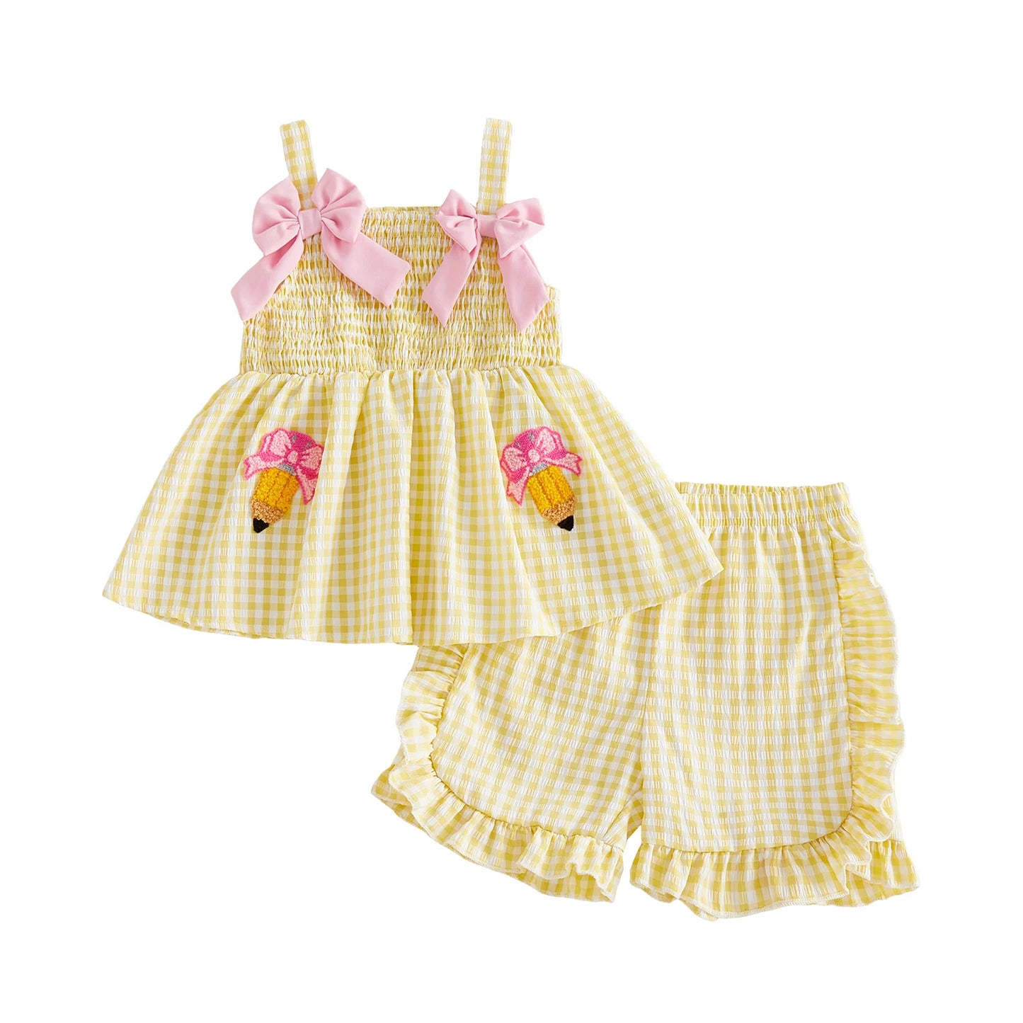 Cute Girl s Back to School Outfit Casual Bow Pencil Pattern Plaid Sleeveless Top with Ruffled Trim Shorts - 2 Piece Set