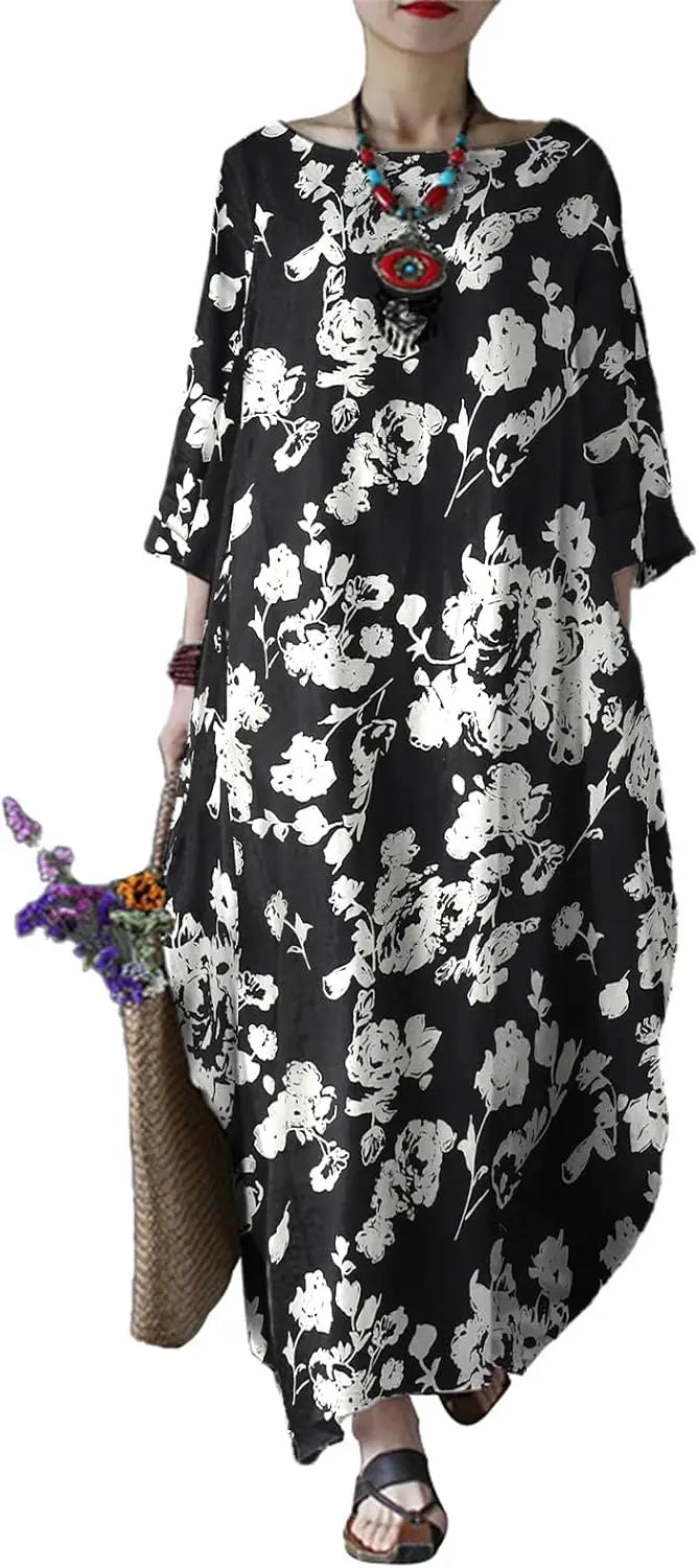 Autumn Solid Cotton Caftan Dress Loose Fit Women Casual