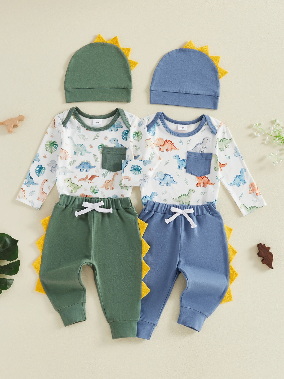 Dinosaur Print Baby Pants Hat Sets With Long Sleeve Outfit