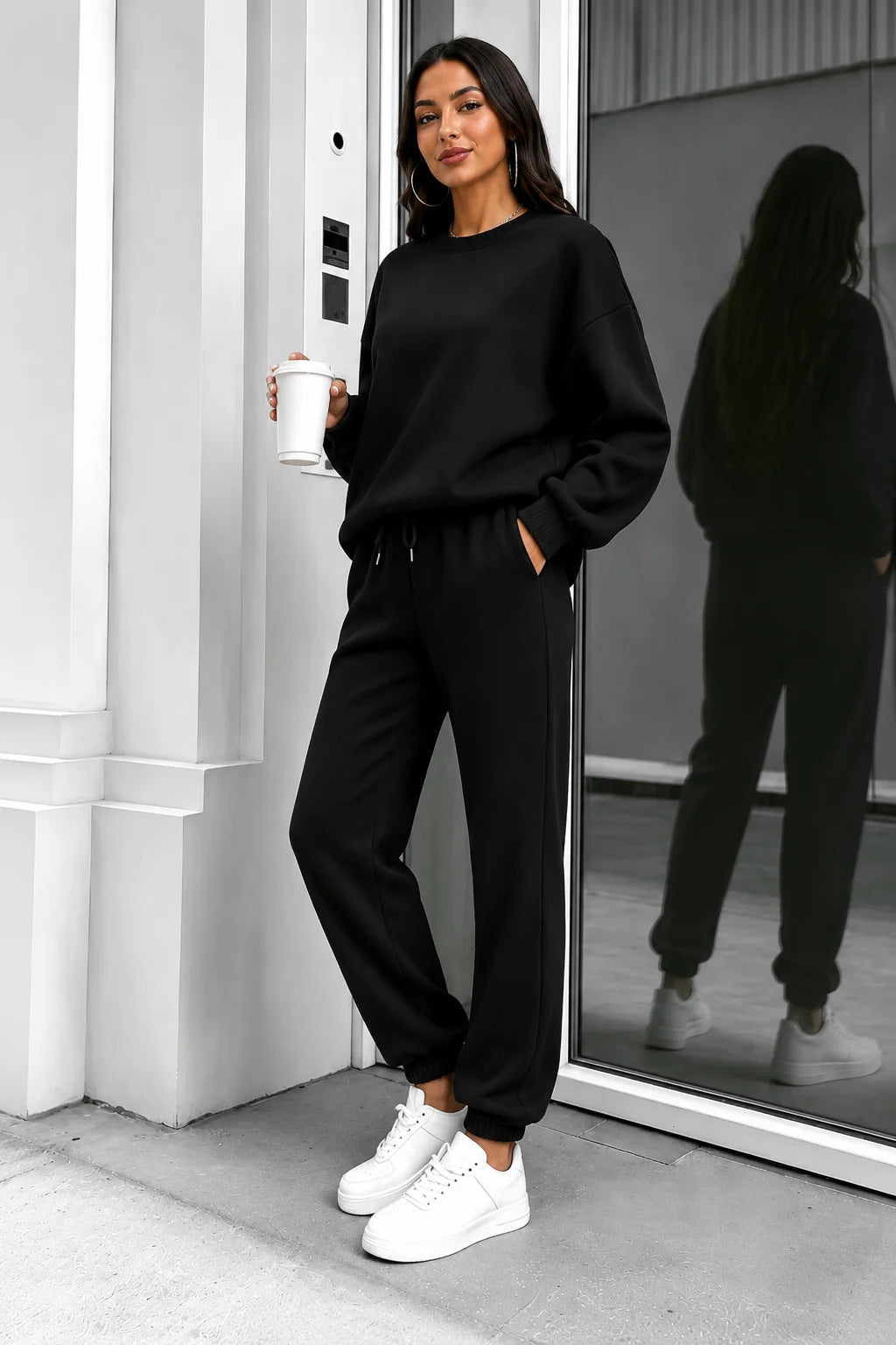 Women Solid 2 Piece Outfit, Oversized Crewneck Sweatshirt & Drawstring Jogger Pants Set, Casual Loose Tracksuit Loungewear for Daily Street WearAliExpress