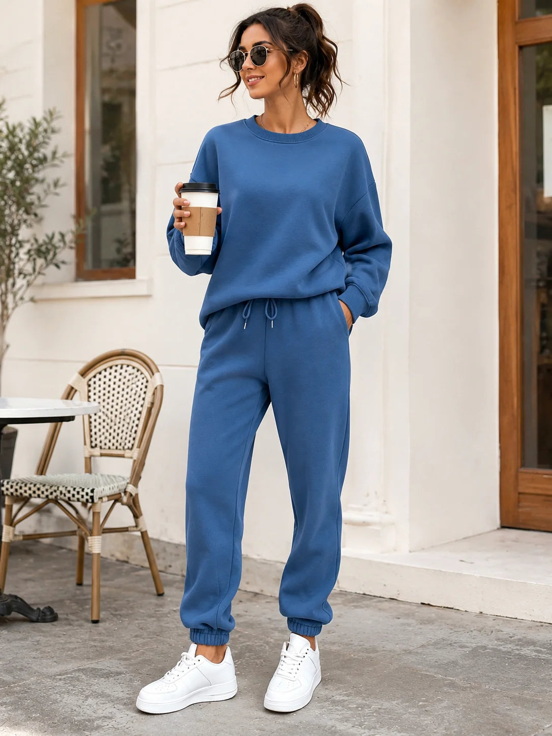 Women Solid 2 Piece Outfit, Oversized Crewneck Sweatshirt & Drawstring Jogger Pants Set, Casual Loose Tracksuit Loungewear for Daily Street WearAliExpress