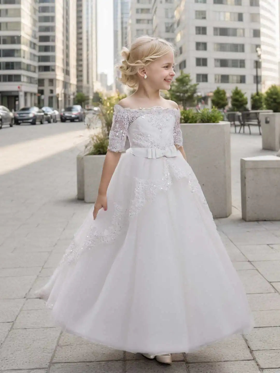 Abaowedding Off Shoulder Flower Girl Lace Sequin Ball Gown