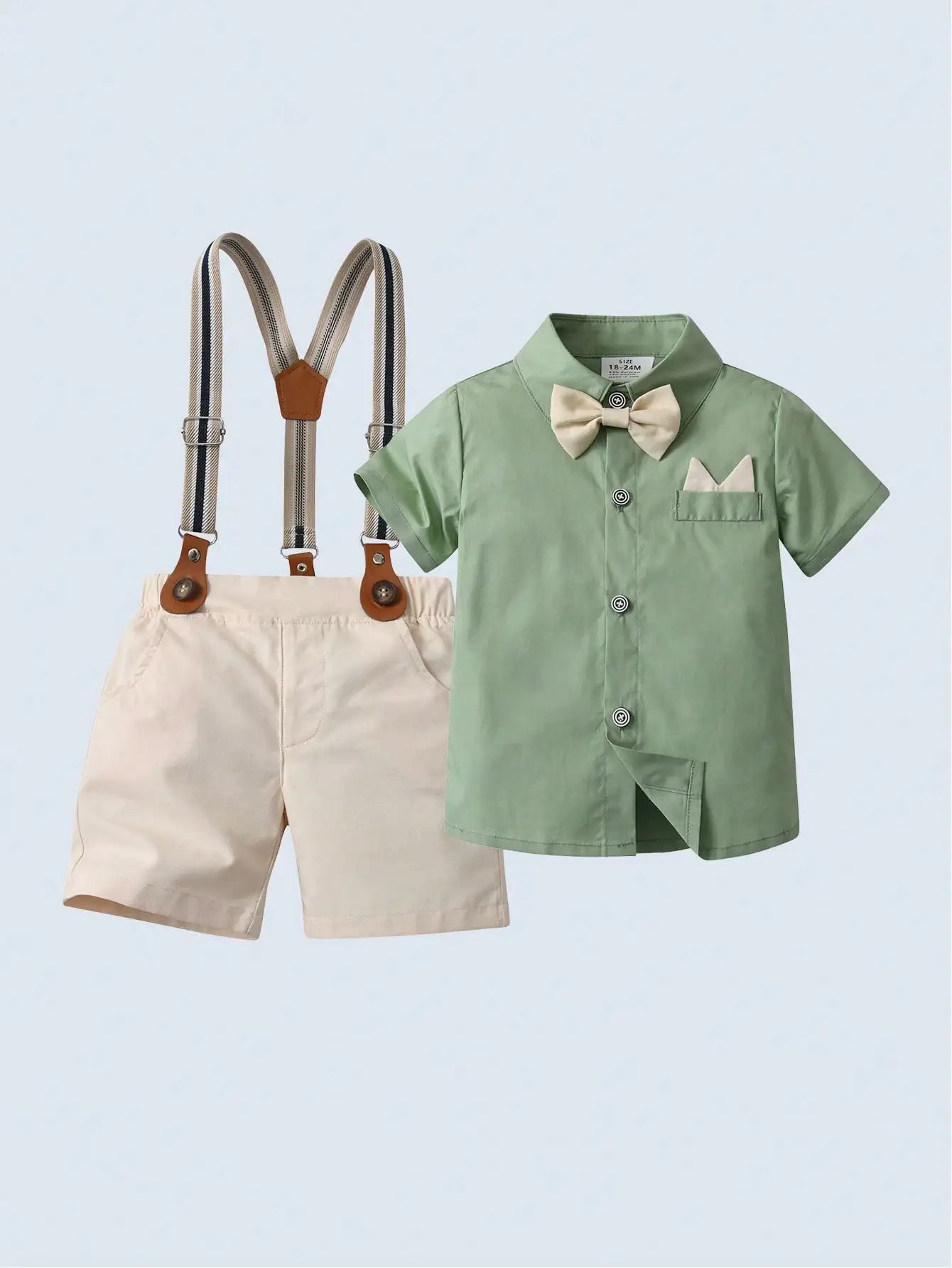 Baby Boy Shirt Bow Tie Khaki Suspender Shorts Outfit