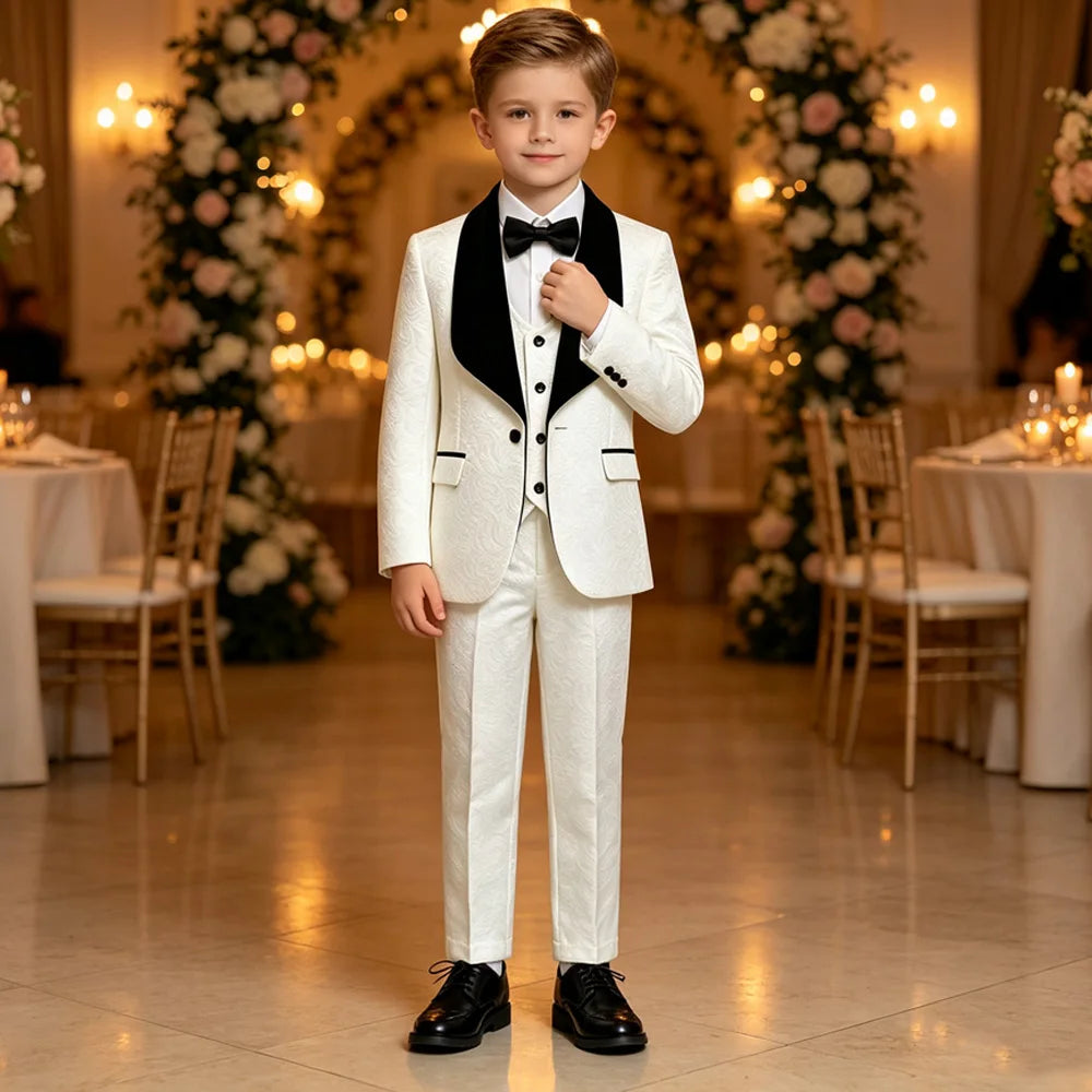 Boys Jacquard Tuxedo Suit 3 Piece Bow Tie Velvet Set