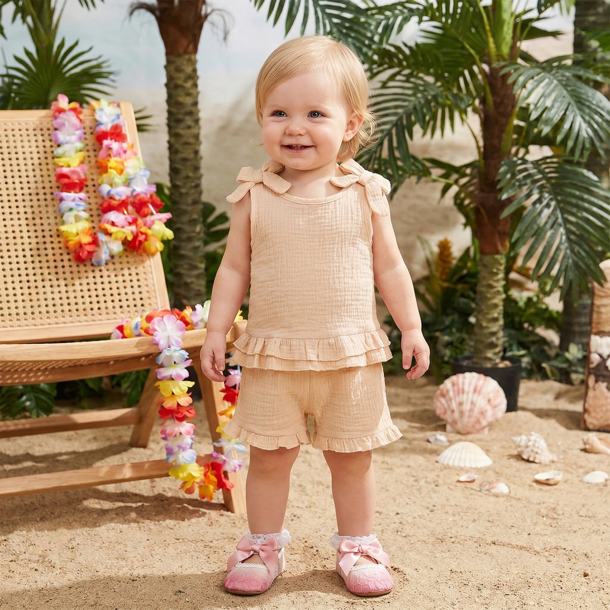 2026 New Toddler Girls Summer Ruffle Set Solid Sleeveless Crew Neck Tank Top with Shoulder Bows and Matching Children's Sets