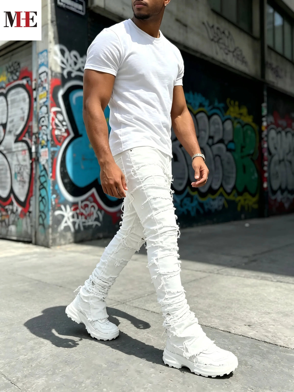 HME Men's White Denim Pants, Stacked Ripped Slim Flared Jeans with Layered Frayed Details