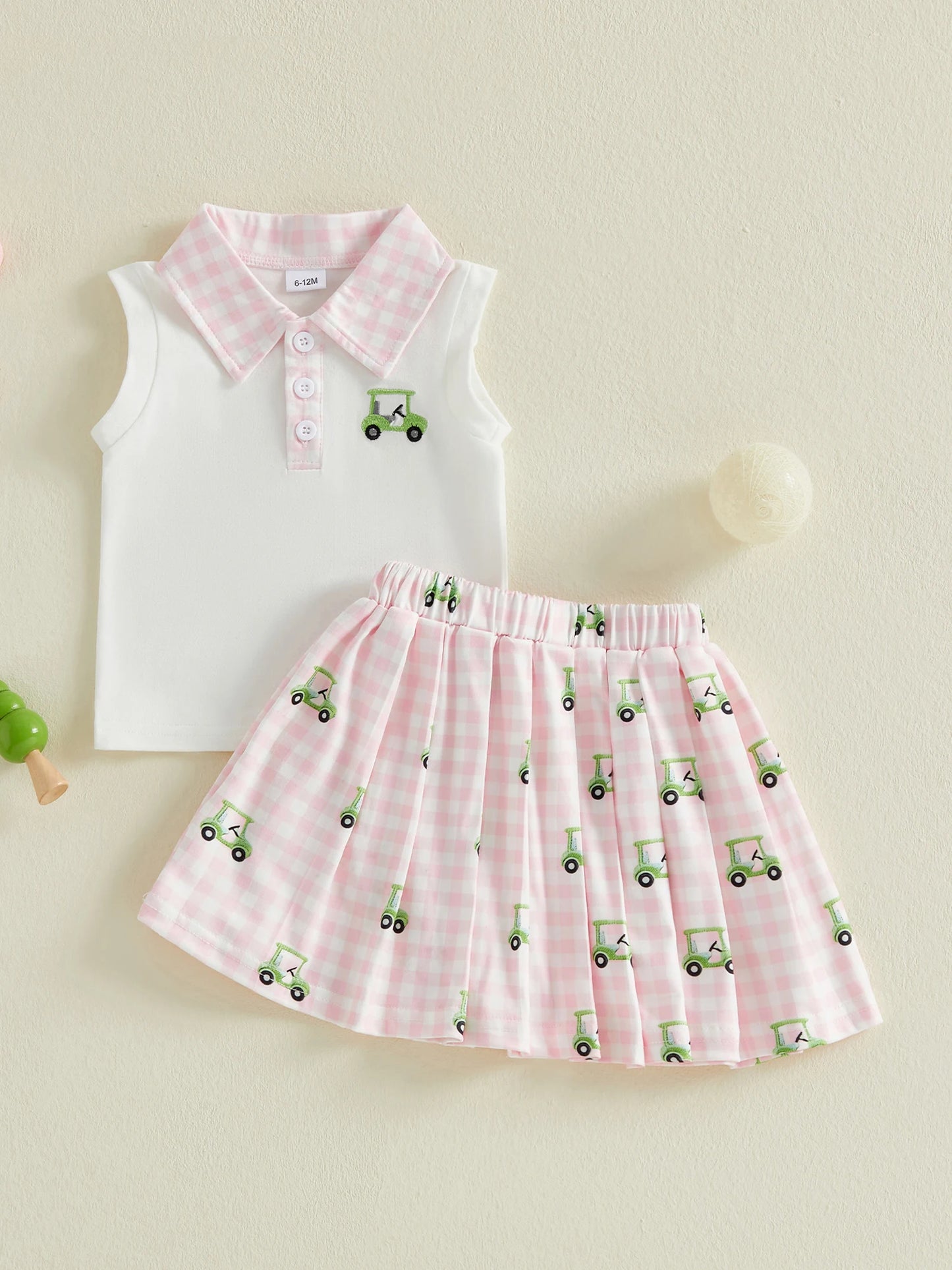 Adorable Baby Girl Golf Cart Print Tank Top Skirt Set