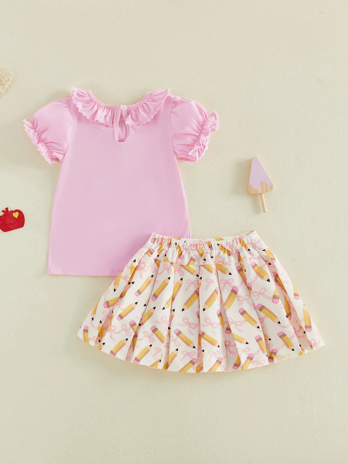 Girls Back to School Outfit Floral Print Ruffle Sleeve Blouse Denim Skirt 2 Piece Set with Bow Detail