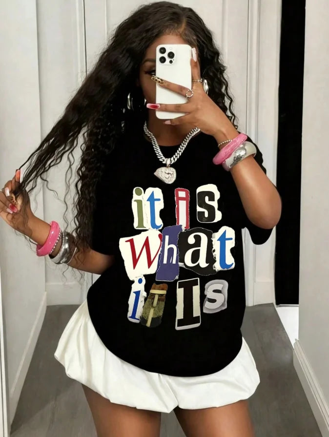 Girls & Teenagers Students Casual Printed Black Crew Neck Short Sleeve T-Shirt Top, Summer