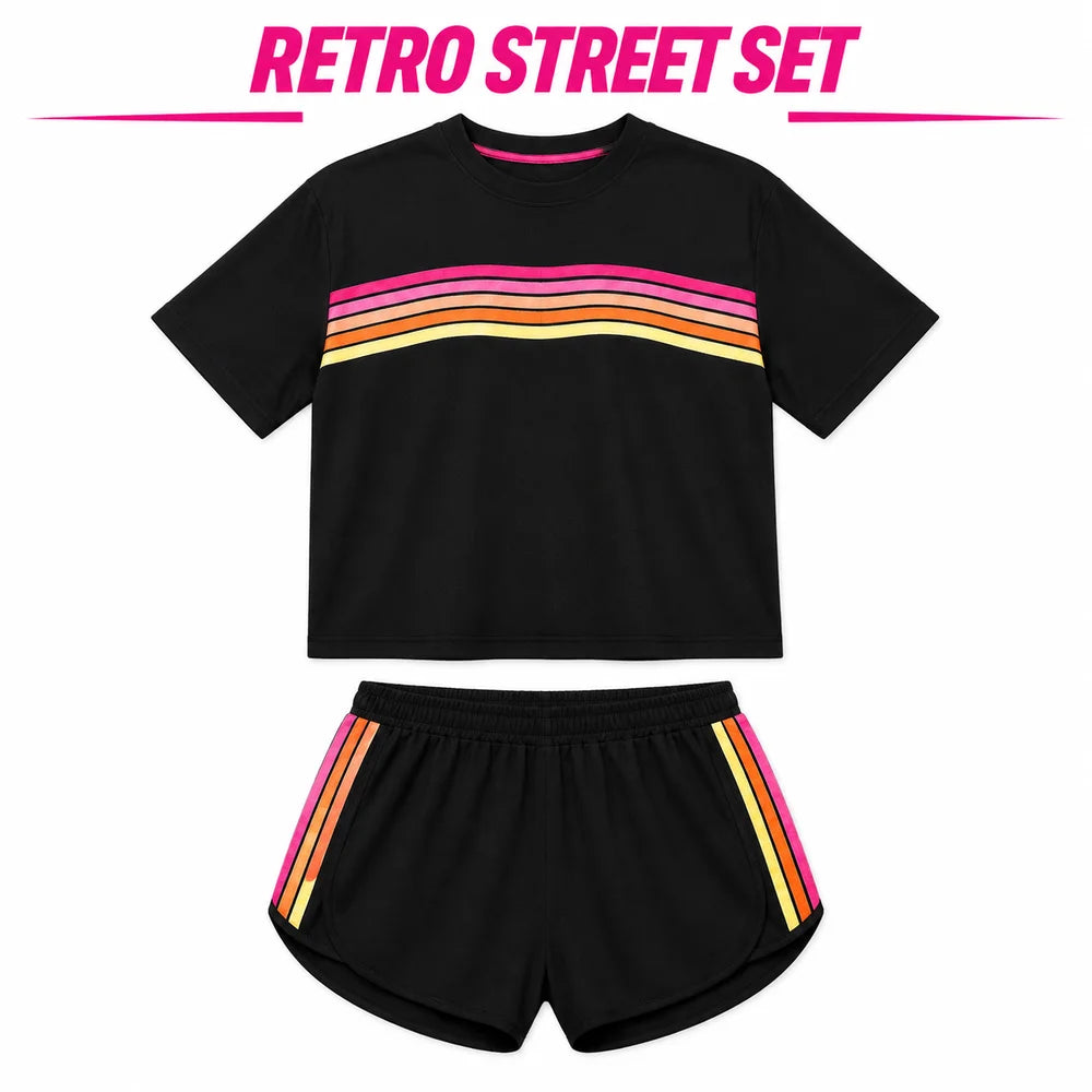 Women's 2 Piece Tracksuit Set Short Sleeve Crew Neck T Shirt and Elastic Waist Shorts Retro Rainbow Striped Casual Athletic Wear Matching Outfit Relaxed Fit for Gym Running Daily Streetwear Summer Spring