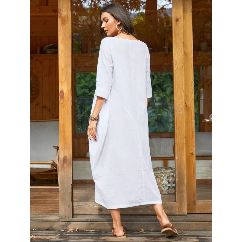Autumn Solid Cotton Caftan Dress Loose Fit Women Casual
