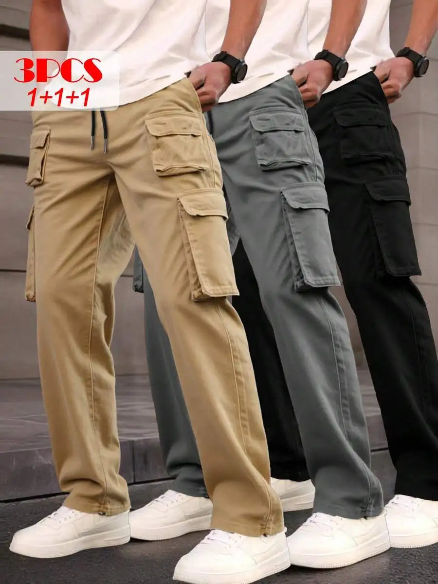 PINELF 3-Pack Men's Cargo Pants, Multiple Pockets, Perfect For Spring/Fall Wear | Drawstring Waistband | Smooth Textured