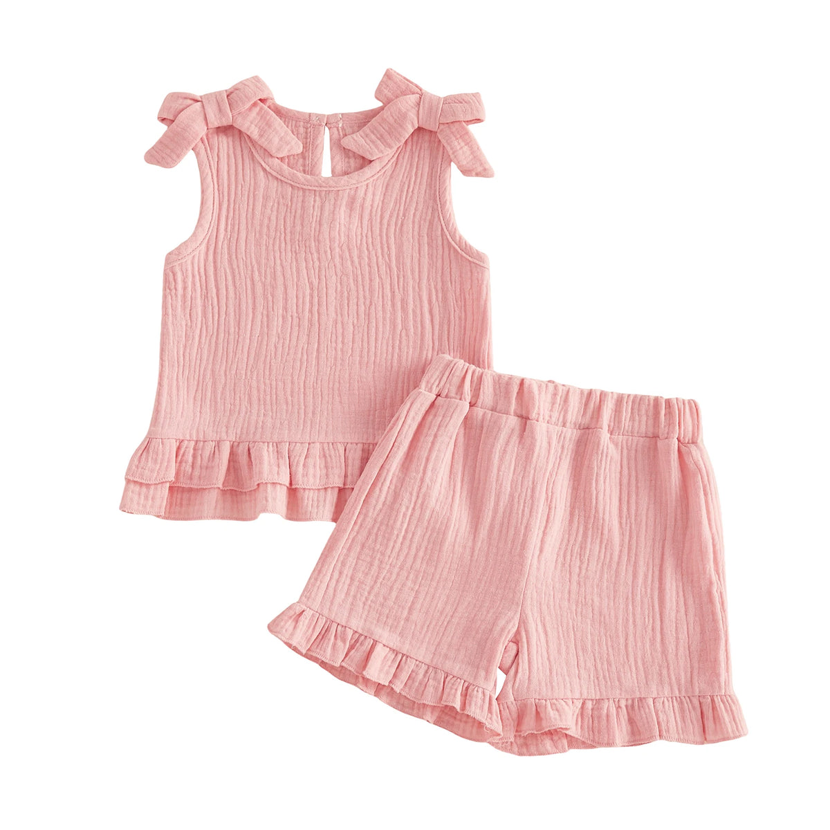 2026 New Toddler Girls Summer Ruffle Set Solid Sleeveless Crew Neck Tank Top with Shoulder Bows and Matching Children's Sets