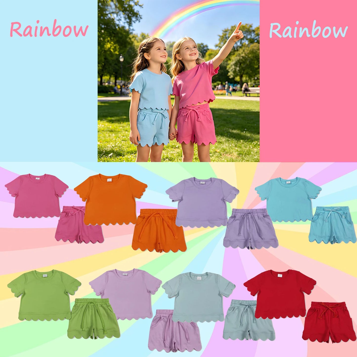 Cotton Girls Set With Short Sleeve Top And Scallop Shorts
