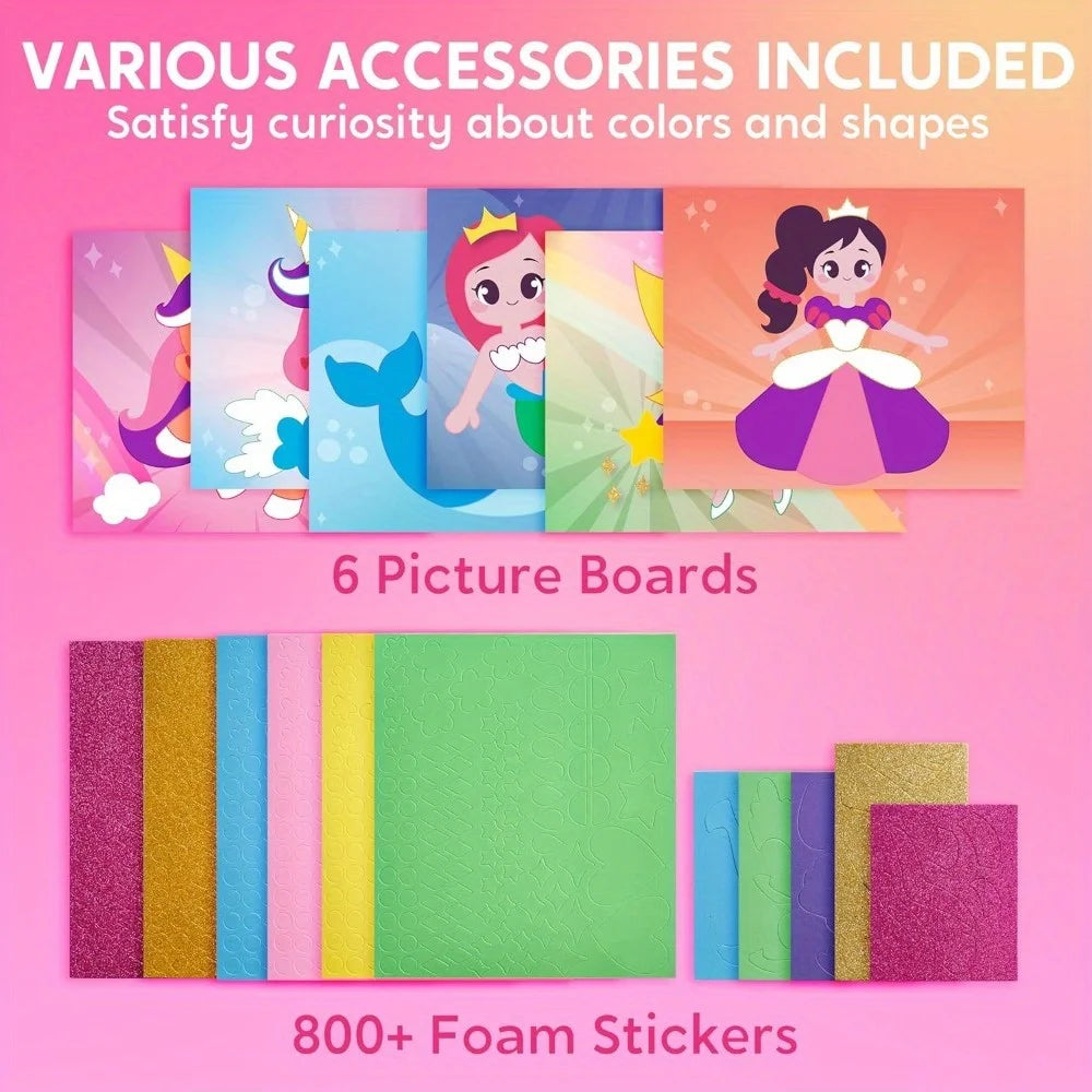 Foam Art Kit for Kids EVA Foam Stickers with 6 Art Board and 800+ Stickers, DIY Arts and Crafts for Boys Girls Age 3+, Unicorns & Princesses Birthday Gifts Travel Toy