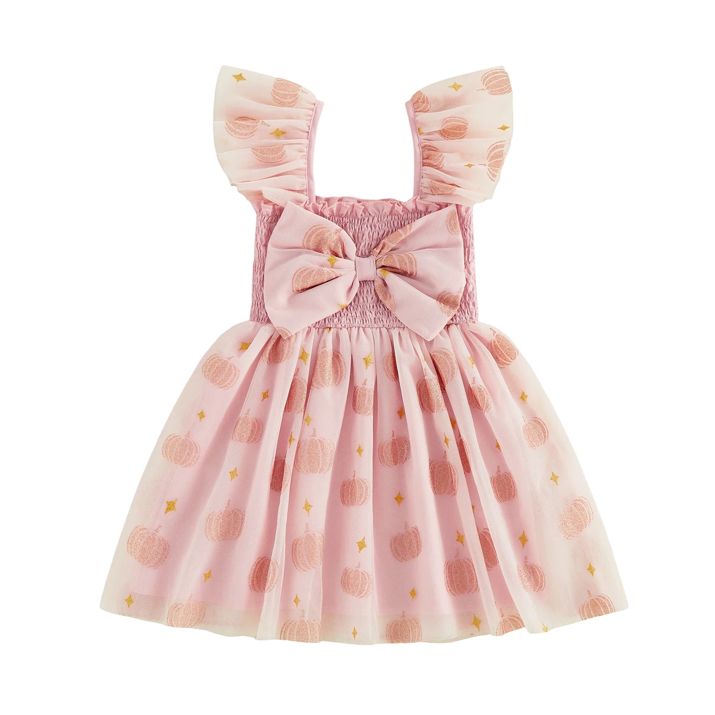Toddler Halloween Dress With Tulle Flying Sleeves Pumpkin Decor