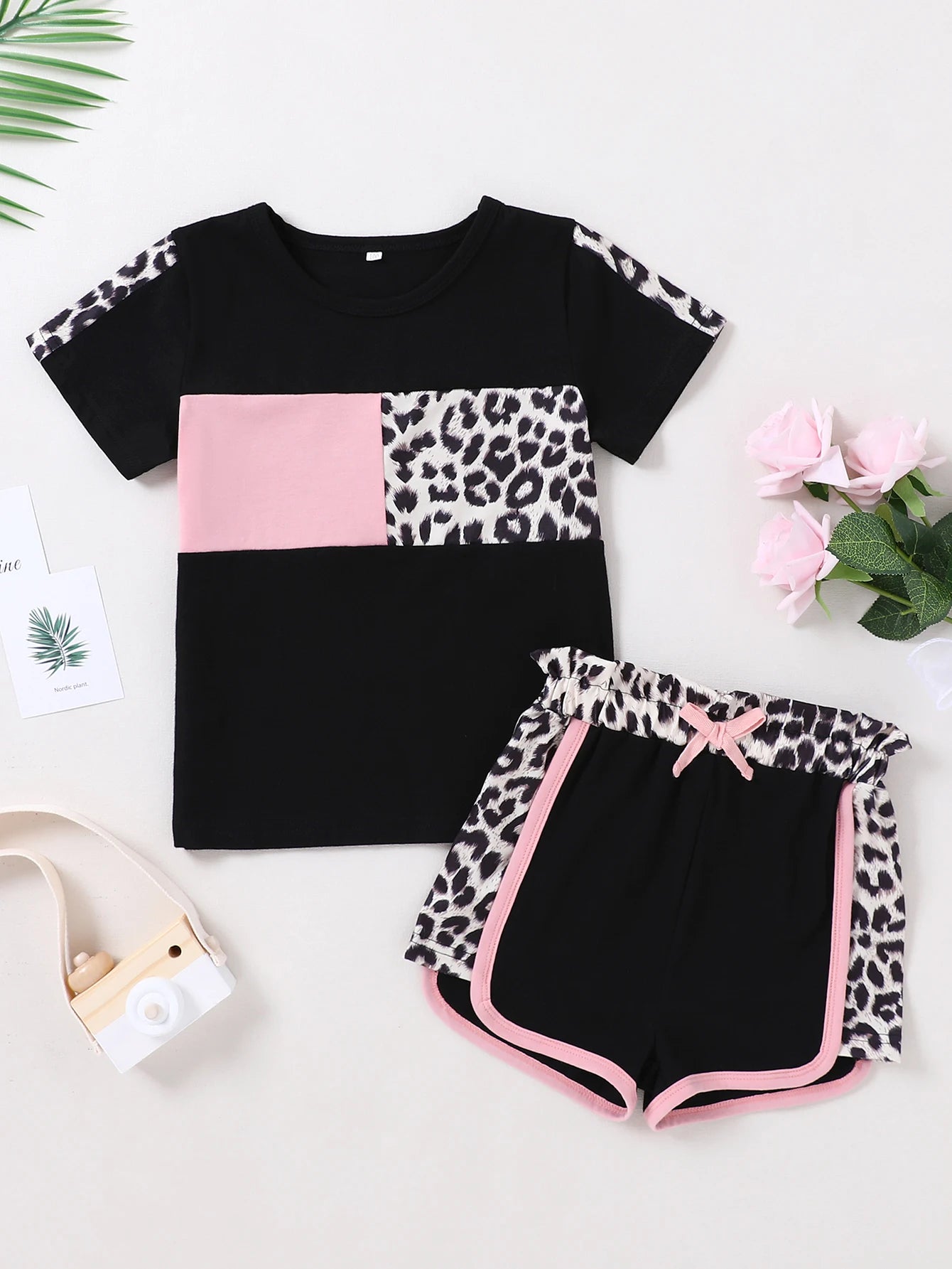 NONECN Leopard Camo Print Toddler Girls Short Sleeve Set