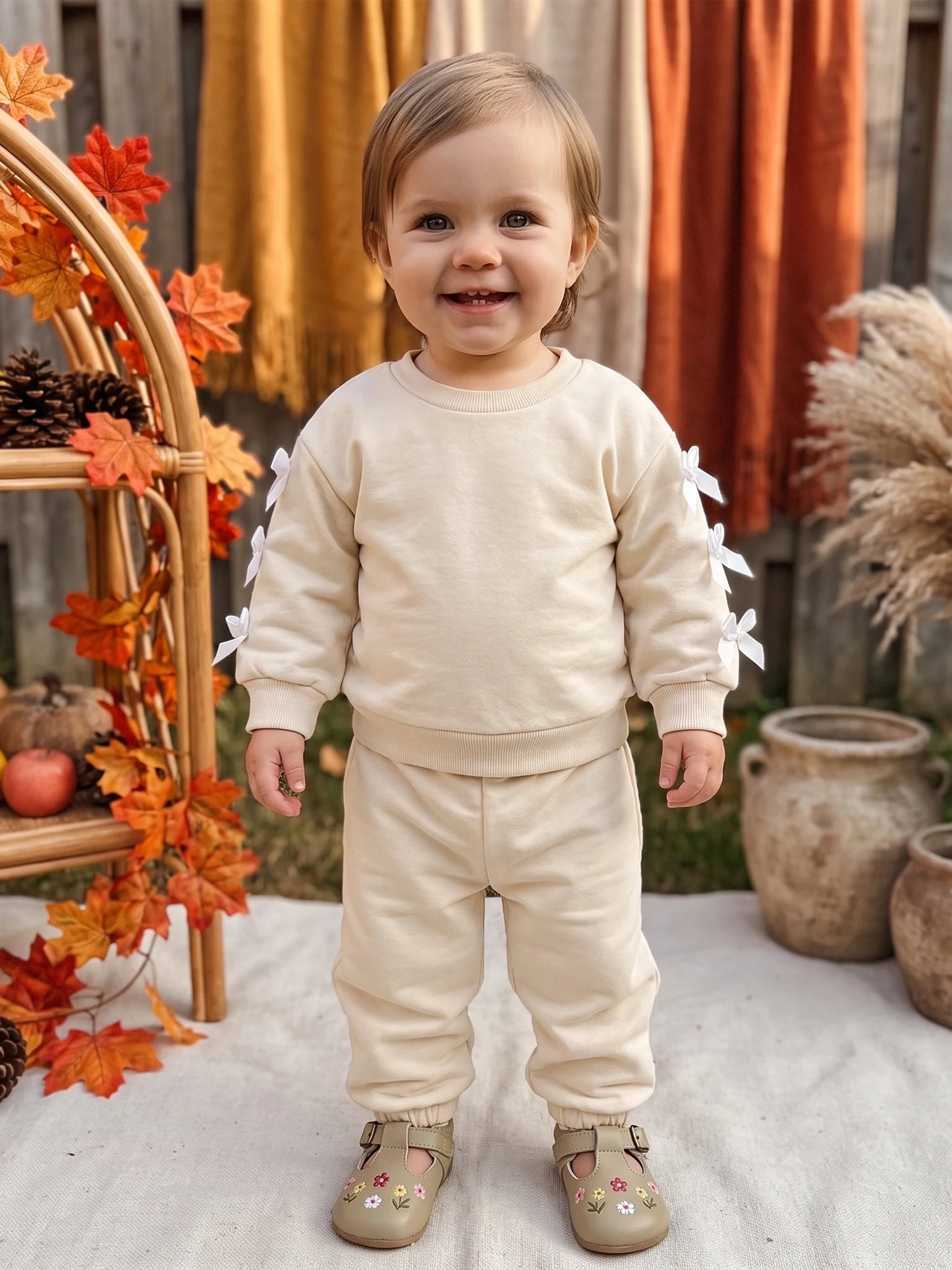 Girls Bow Accent Fall Outfit Set With Crew Neck Pullover