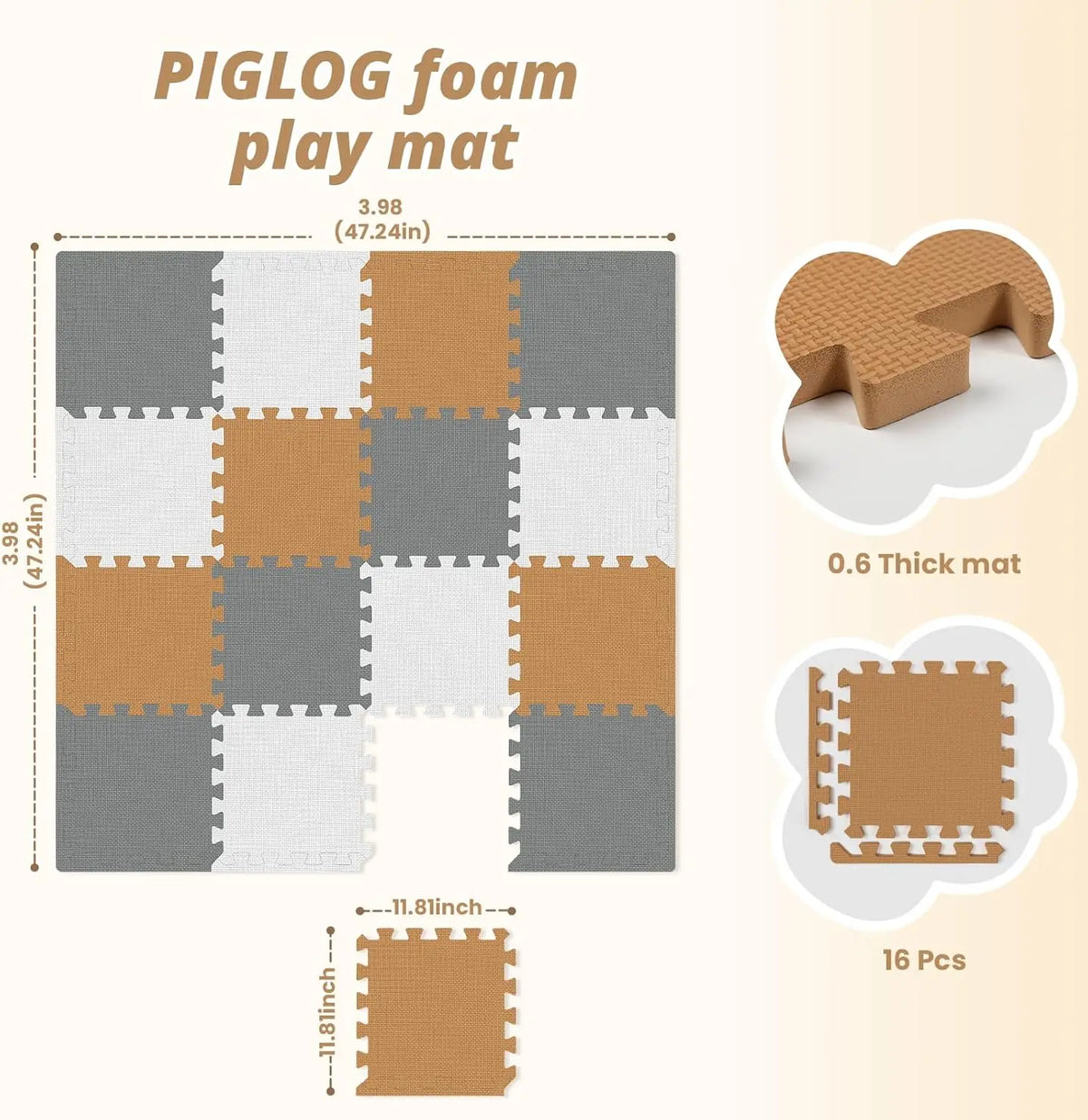 16 Tiles Baby Play Mat for Floor, EVA Foam Baby Floor Play Mat with 0.6 Inch Thick Interlocking Foam Tiles