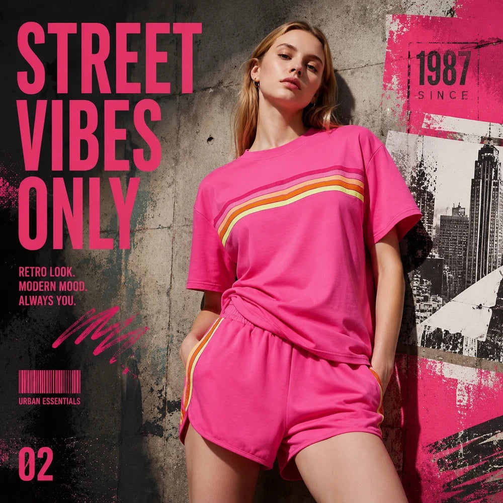Women's 2 Piece Tracksuit Set Short Sleeve Crew Neck T Shirt and Elastic Waist Shorts Retro Rainbow Striped Casual Athletic Wear Matching Outfit Relaxed Fit for Gym Running Daily Streetwear Summer Spring