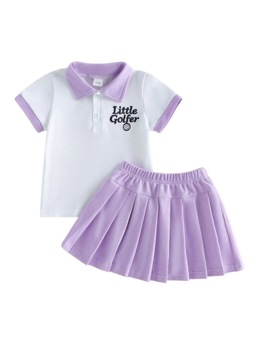 Girls Golf Outfit Set Two Piece Embroidered Letters Short Sleeve T Shirt Skirt