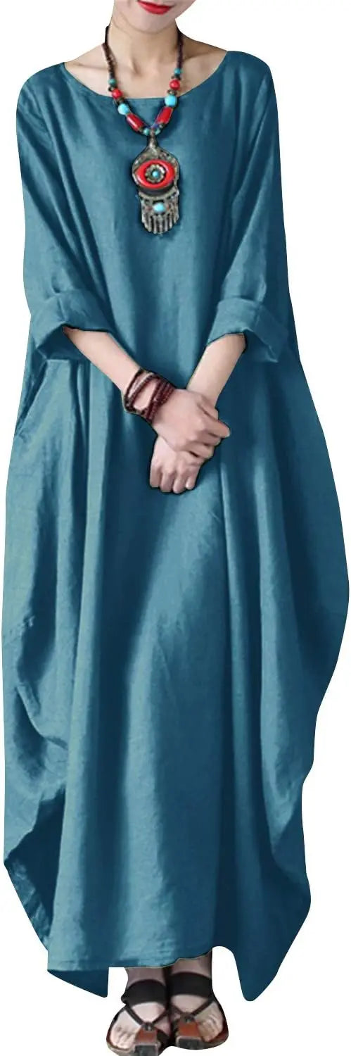 Autumn Solid Cotton Caftan Dress Loose Fit Women Casual