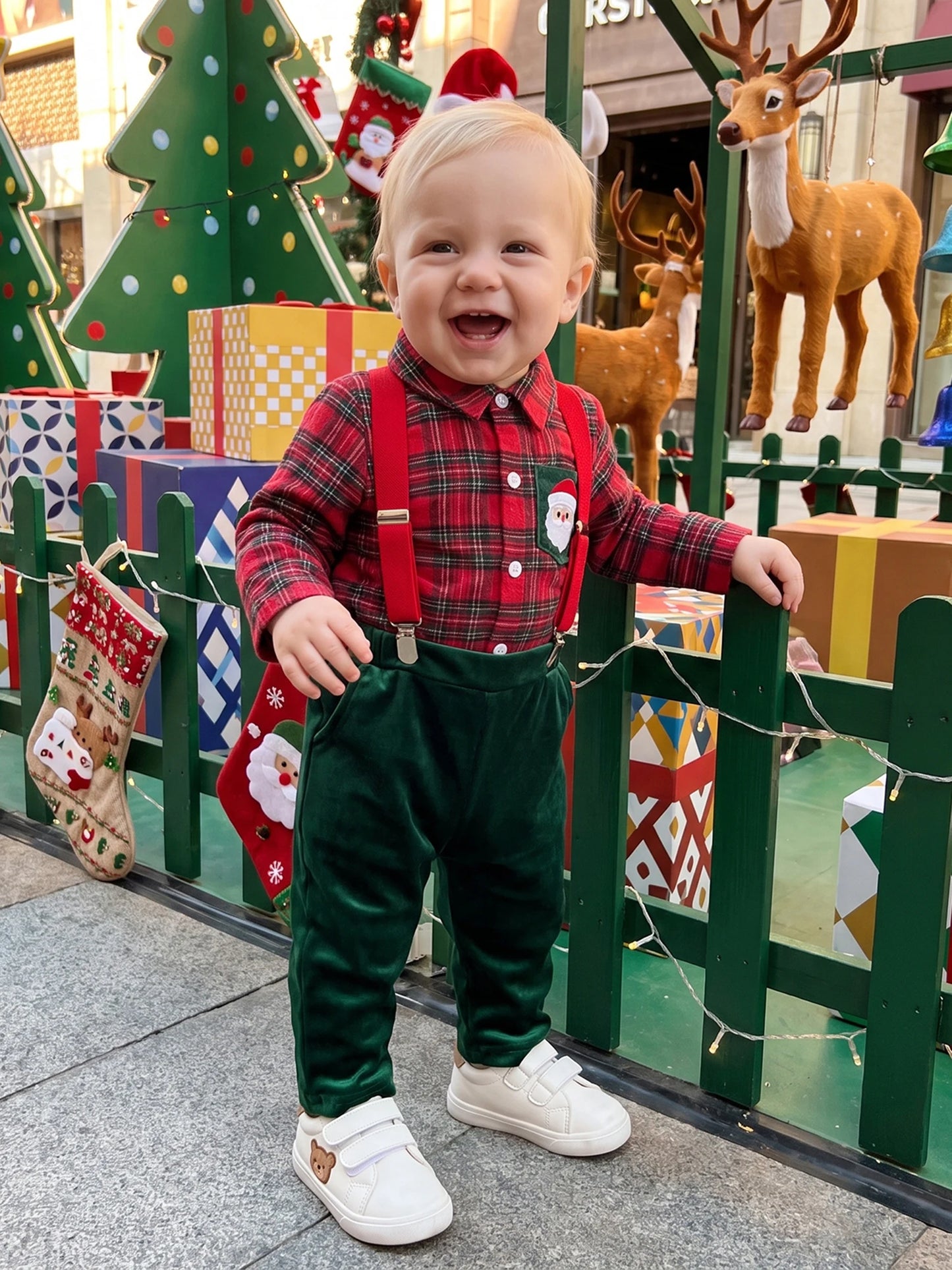 Sleeve Shirt Toddler Boy Christmas Velvet Velvet-Suspender-Pants Long Sleeve Shirt Boy Pants Velvet Premium