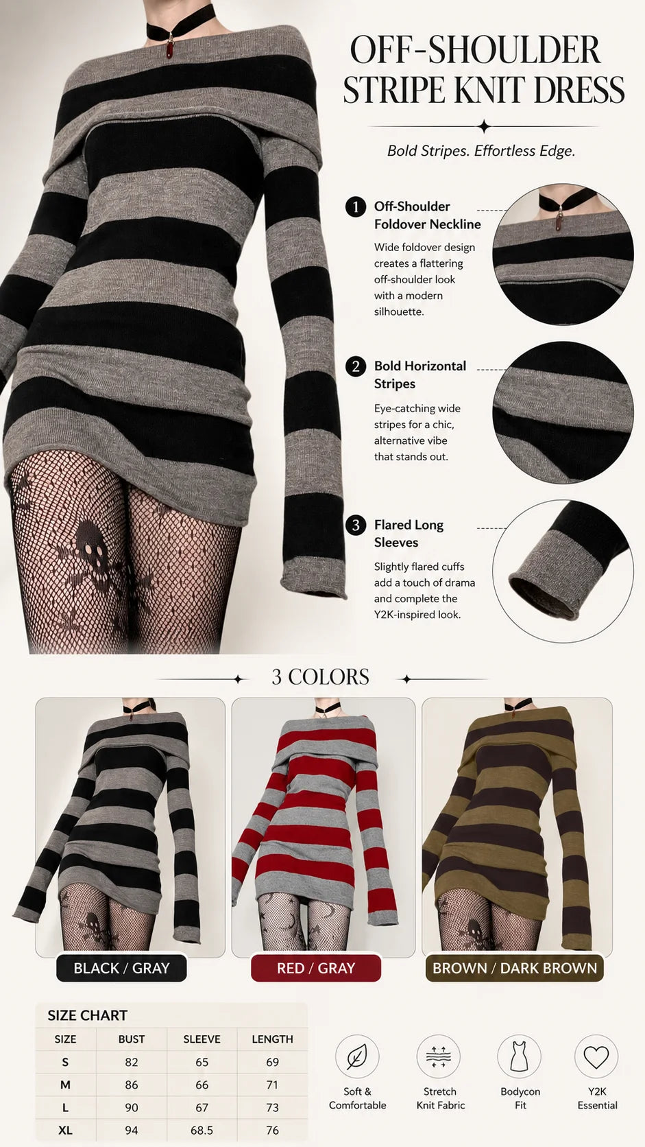 Women Gothic Y2K Off Shoulder Striped Knit Mini Dress, Long Sleeve Bodycon Sweater Dress, Punk Grunge Aesthetic Party Club Outfits